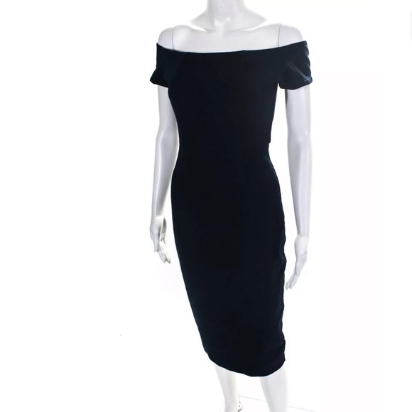 Trina Turk indigo sheath off shoulder stretchy shirt sleeve midi dress size 0 - Picture 6 of 8